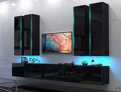 Produktbild von Furnitech Wohnwand Wohnzimmer - Wohnzimmer Möbel mit LED RGB - 16 Farben - Wohnwand Modern - Wohnzimmer Schrankwand mit Regale und TV Schrank (Venus AN39-18HG-B1 GS4 Schwarz ohne Füße)