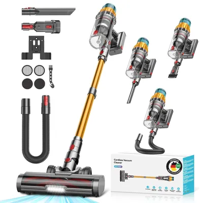 A cordless vacuum cleaner and its accessories are displayed against a white background, with a box in the lower right corner.