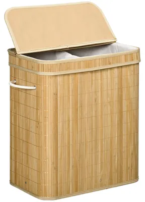 Image de Panier à linge en bambou avec couvercle et 2 compartiments | Couleur : marron | Dimensions : 54,2 x 35,2 x 59,5 cm