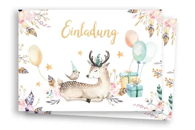Produktbild von Friendly Fox Aquarell Reh Einladung, 12x Einladungskarten Kindergeburtstag Rehkitz, Boho Einladungskarten