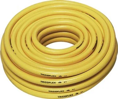 A coiled yellow garden hose on a white background.