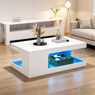 Image de Table basse 50 x 100 x 35 cm, blanc brillant, ensemble de salon, table de salon, ensemble de sièges, table basse en aggloméré avec verre trempé et éclairage LED via application