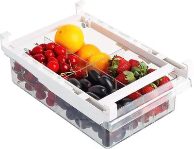Immagine prodotto di Organizer telescopico trasparente per cassetti - Cassetto aggiuntivo per dispensa o congelatore - Con divisori - Per frutta, verdura e altro ancora