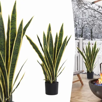 Produktbild von Künstlicher Bogenhanf 77 cm - Realistische Sansevieria Kunstpflanze im Zementtopf - Pflegeleichte Zimmerpflanze für Wohnzimmer und Büro