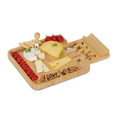 Produktbild von relaxdays Bambus Käsebrett mit 4-tlg. Besteck Set