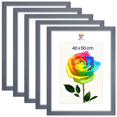 Obrázek produktu pro MG Design, sada 5 kusů rámečků na obrázky, rozměr 40 x 50 cm – rámečky na plakáty se šedým rámem z masivního dřeva a odolným akrylovým sklem, vhodné pro vertikální i horizontální formáty, s robustním systémem pro zavěšení na zeď