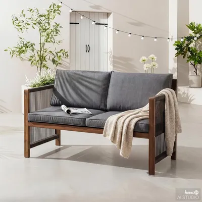 Produktbild von home24 Massive Gartenbank - Akazie Massiv / Polyester - Braun / Grau -