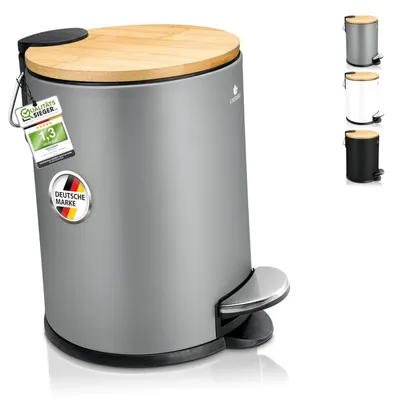 Produktbild von Exitoso Kleiner Mülleimer Bad grau - Kosmetikeimer 3L Bambus rutschfest - Tretmü