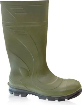 A single green rubber boot with a black sole is shown against a white background.