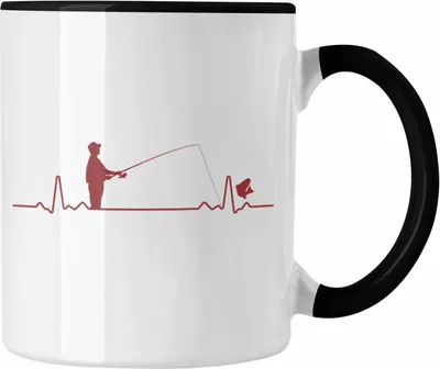 Produktbild von Trendation - Angler Tasse Geschenk Männer Grafik Herzschlag Lustig für Fischer Geschenkidee Angeln Fischen (Schwarz)