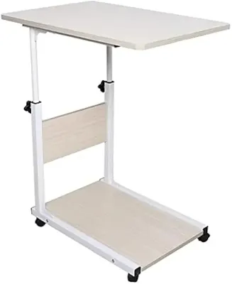 Obrázok produktu pre Nočný stolík na kolieskach – nastaviteľný príborný a stolík na notebook – kovový rám – 50 x 35 cm – výška 55–80 cm – biela farba