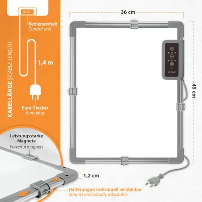 Diagram showing dimensions and features of a desk heater.