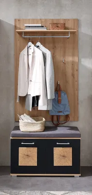 Produktbild von Garderoben-Set mit Garderobenbank und Sitzpolster 2-teilig in Eiche mit schwarz supermatt, FARGO-36