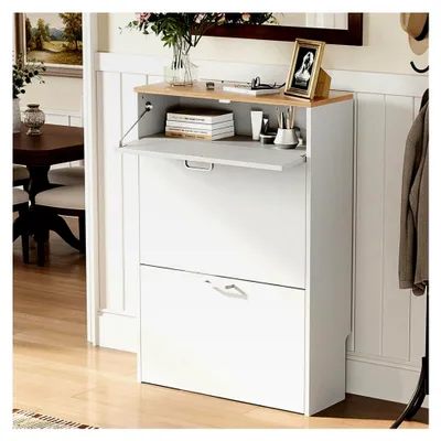Produktbild von Schuhschrank mit 2 Klappen und 1 Schublade, schmaler Schuhkipper für Flur, Wohnzimmer und Eingangsbereich, 63,5 x 24 x 94 cm, Weiß