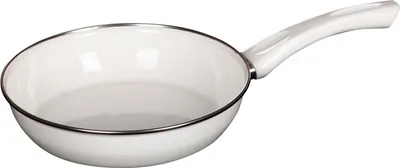 A white frying pan with a white handle is shown against a white background.