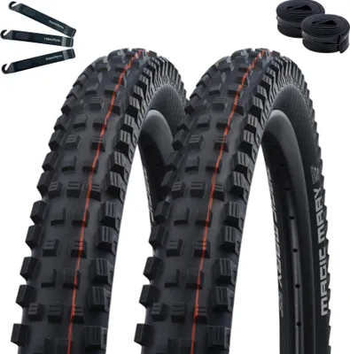 Produktbild von 2 x Faltreifen Schwalbe Magic Mary Addix Soft Evolution Line Schwarz 60-559 (26 x 2,35) + 2 x Schwalbe Schläuche DV13 inkl. maxxi4you Reifenheber