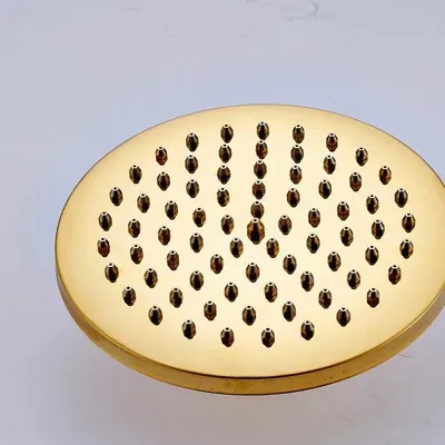 Obrázok produktu pre Sprchová hlavica – okrúhly tvar, priemer 20 cm – mosadz – montáž na stenu – pevná hlavica – brúsený povrch – zlatá farba