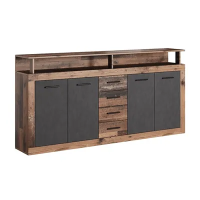 A long, multi-door and multi-drawer sideboard with a rustic wood and dark gray finish, presented against a white background.