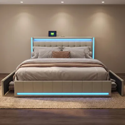 Immagine prodotto di Letto contenitore 140x190 cm, letto con spazio contenitore, 4 cassetti, letto imbottito con LED e USB, struttura del letto matrimoniale con rete a doghe, letto per ragazzi, colore: lino, beige