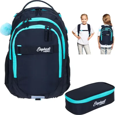 Produktbild von Schulrucksack Set 2 Teile Elephant Hero Signature Rucksack Schultasche Mädchen Mäppchen Box 13015 Tiff Schwarz Türkis r mb