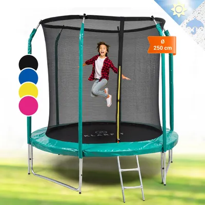 Produktbild von Klarfit Kinder Trampolin Indoor/Outdoor, Kleines Trampolin für Kinder, Kindertrampolin Rutschfest, Trampolin mit Leiter, Randabdeckung und Sicherheitsnetz, UV-Beständiges Trampolin Klein, 250cm