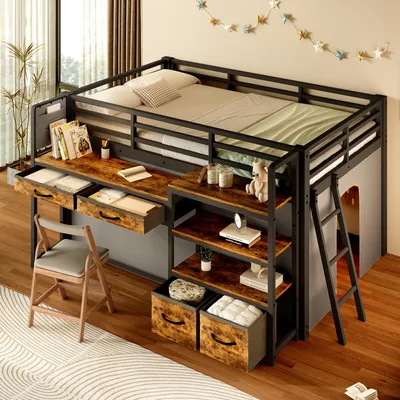 Immagine prodotto di Letto a soppalco MODFU, 140x200, per adolescenti, con scrivania e cassettiere imbottite, letto per bambini con illuminazione LED, struttura in metallo con spazio contenitivo, senza materasso, colore nero