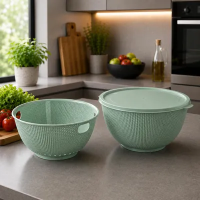 Rührschüssel mit Deckel + Salatseiher Sieb Mint Kunststoff 3,7L