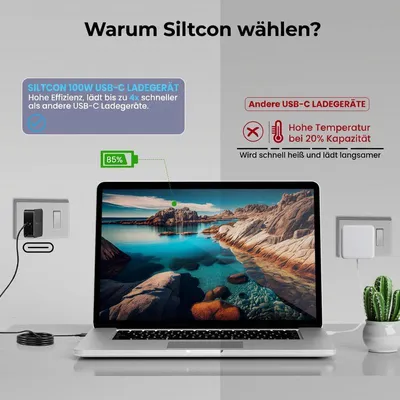 Produktbild von Siltcon® USB-C Ladegerät 100W – USB-C Schnellladegerät – geeignet für Laptops, Tablets, Smartphones & USB-C Hubs – 15W bis 100W – kompakt