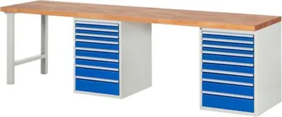 Produktbild von Werkbank mit 16 Schubladen - Vollauszug - 60:6 / 90:6 / 120:2 / 150:2 - 890 x 3.000 x 700 mm (HxBxT) - Traglast 1.000 kg - Buche