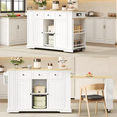 Zdjęcie produktu dla Wyspa kuchenna na kółkach, 138x55x93 cm, rozkładany stół, gniazdko elektryczne, port USB, wózek kuchenny, 2 szuflady, kolor biały, wykończenie naturalne