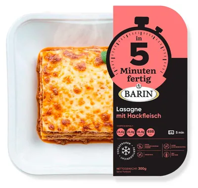 Produktbild von BARIN in 5 Minuten fertig Lasagne mit Hackfleisch | italienischer Klassiker mit Béchamel &amp; Käse | tiefgekühlt schockgefroren 300 g | Mikrowelle
