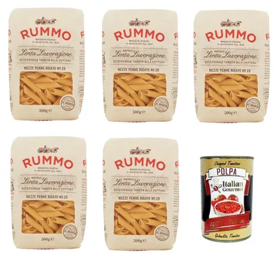 Produktbild von Rummo Mezze penne rigate n° 28 Pasta Lenta Lavorazione Teigwaren aus Hartweizengrieß Bronze-Zeichnung 5x 500g + Italian Gourmet polpa 400g