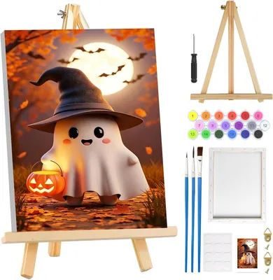 Produktbild von Malen nach Zahlen 20x30 cm, mit Rahmen und Holzstaffelei, Ölgemälde, für Halloween