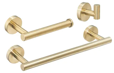 Produktbild von Badezimmeraccessoires Set - Gebürstetes Gold - Edelstahl - Wandmontage - Handtuchhalter - Toilettenpapierhalter - Inklusive Haken - Badezimmer Set