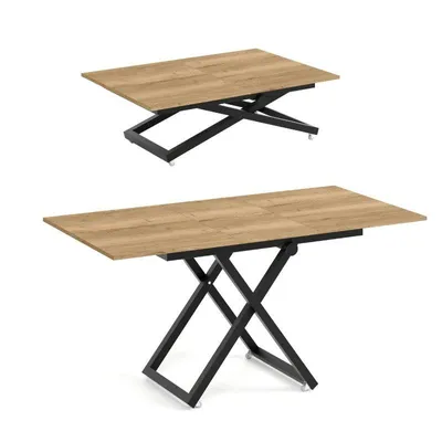 Image de Table basse ARIA avec plateau relevable et fonction extensible 120x75/160cm – Table basse réglable en hauteur – Table de salon style loft - Chêne Halifax/Noir