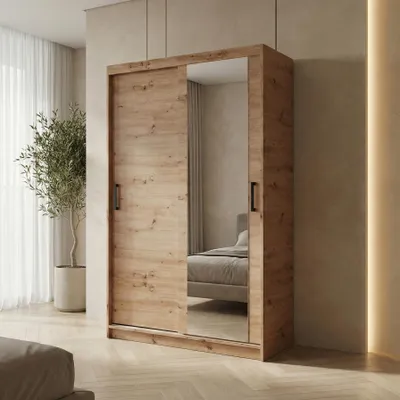 Produktbild von BEAUTYSOFA | Schwebetürenschrank HELA 100 cm Eiche Artisan – 2-türig Moderner Kleiderschrank mit Spiegel und Schiebetüren
