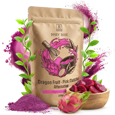 Produktbild von Mary Rose - Pink Matcha Tee Drachenfrucht Pulver 100g - Gefriergetrocknete Pitaya - Superfood für Latte - Lebensmittelfarbstoff - Reich an Vitamin C