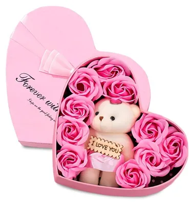 Geschenkbox mit Seifenrosen und Teddybär, Herzform, Rosa