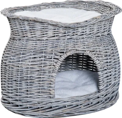 Produktbild von PawHut ratanový prútený kôš pre mačky Mačacia búda s 2 mäkkými ležiacimi vankúšmi Kôš pre mačky Pelech pre domáce zvieratá z vodného hyacintu do obývačky Sivá 56 x 37 x 40 cm