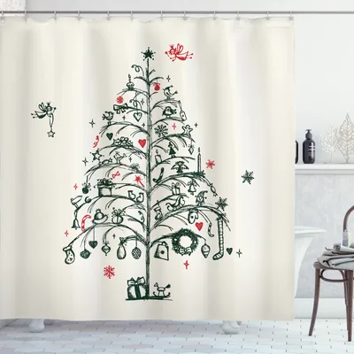 Produktbild von ABAKUHAUS Weihnachten Duschvorhang, Kitten Geschenk und Baum, Wasser Blickdicht inkl.12 Ringe Langhaltig Bakterie und Schimmel Resistent, 175 x 200 cm, Mehrfarbig