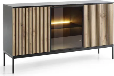 A modern sideboard with slatted wood doors and a glass-fronted central section with interior lighting.