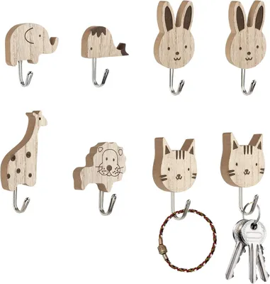 Imagen del producto de Juego de 8 ganchos adhesivos de madera, con motivos de animales, ideales para habitaciones infantiles, baños y cocinas