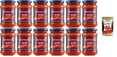 Produktbild von Barilla Amatriciana Tomatensauce mit Pancetta und Peperoncino, 12 x 400g, 100% talienische Pastasauce, + Italian Gourmet polpa 400g