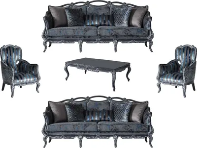 Produktbild von Casa Padrino Luxus Barock Wohnzimmer Set Grau / Blau / Grau - 2 Sofas & 2 Sessel & 1 Couchtisch - Prunkvolle Wohnzimmer Möbel im Barockstil