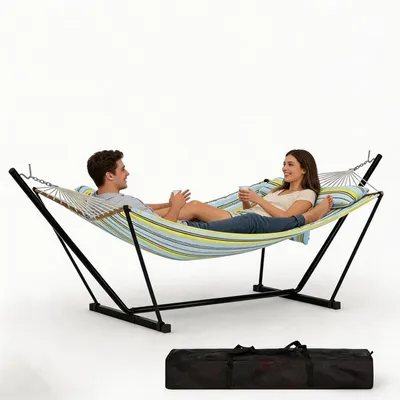 Zdjęcie produktu dla Hamak Dwuosobowy ze Stelażem 226 kg, Stal, Geometria, stelaż stalowy, poduszka, torba, odporny na słońce i lekki deszcz