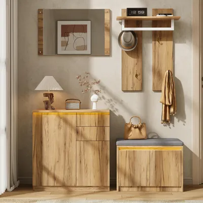 Produktbild von Flieks Flur-Garderoben-Set mit Spiegel, Kleiderstange, Haken, Schuhschrank & Schuhbank, Flurmöbel, Flurgarderobe, für Flur & Diele, Natur
