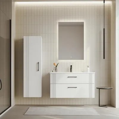 Image de Orka | Ensemble de meubles de salle de bain - 100 Cm - Blanc - Design élégant - Matériaux de haute qualité - Avec miroir - Fermeture silencieuse
