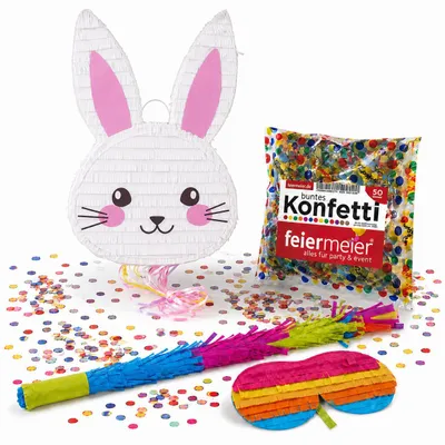Produktbild von Pinata-Set | 4-tlg. mit Augenmaske, Schlagstock und Konfetti Farbe: Hase "Bunny" | 38x58x10 cm