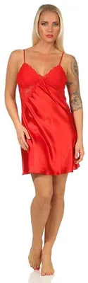 Produktbild von Damen Negligé Satin Nachtkleid Reizwäsche mit Spitze; Rot/S