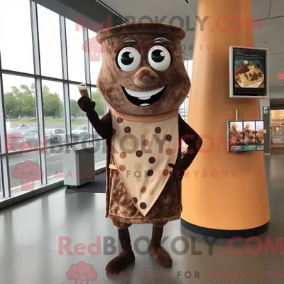Zdjęcie produktu dla Maskotkarakter REDBROKOLY av en brun pizzaskive kledd med en koktajlkjole og ryggsekker